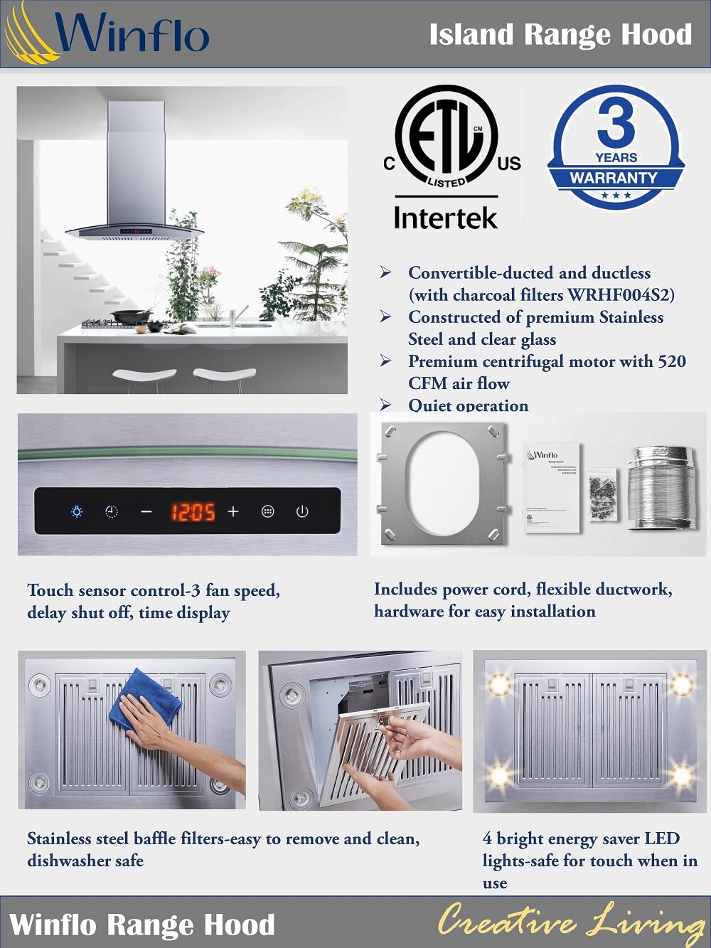 Winflo 36 in. Convertible Island Mount Range Hood in Stainless Steel